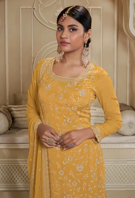 Memsaab Yellow Floral Embroidered Sharara Suit Set