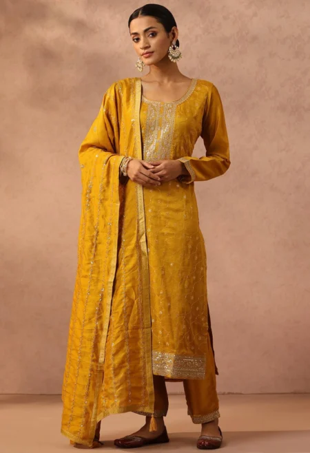 Memsaab Yellow Floral Embroidered Silk Suit Set