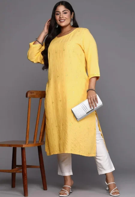 Memsaab Yellow Plus Size Embroidered Thread Work Kurta