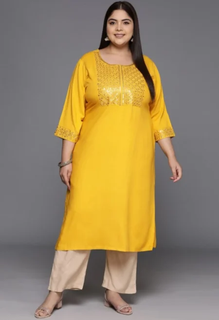 Memsaab Yellow Plus Size Sequinned Kurta