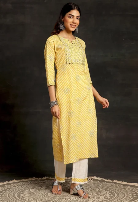 Memsaab Yellow Printed Cotton Kurta and Palazzo Set