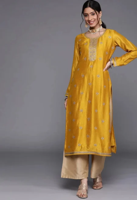 Memsaab Yellow Sequins Work Silk Kurta