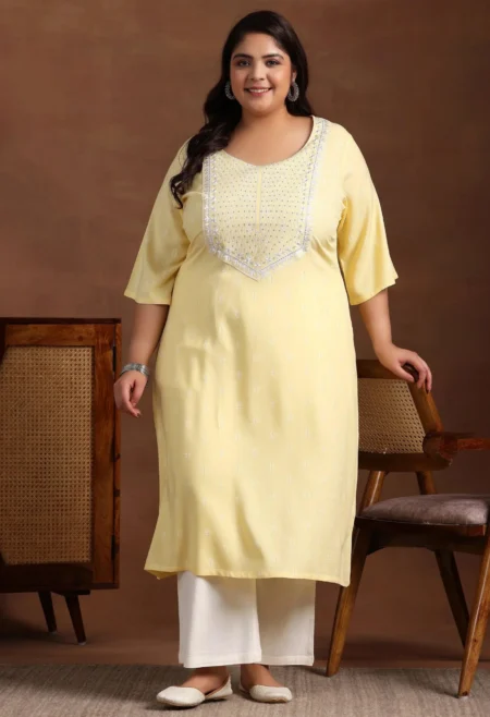 Memsaab Yellow Thread Work Straight Kurta