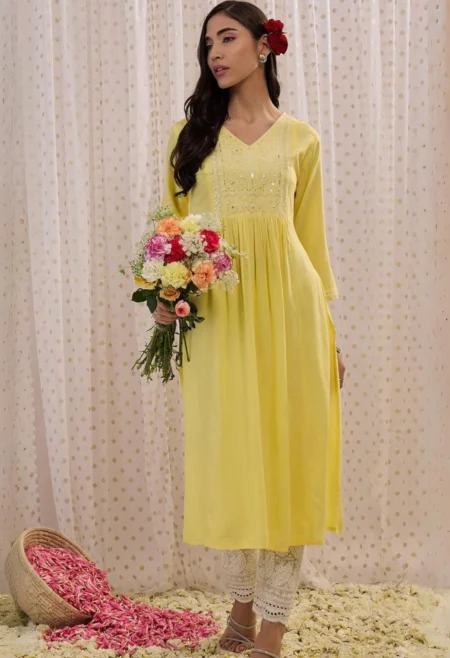 Memsaab Yellow V-Neck Three-Quarter Sleeves Kurta