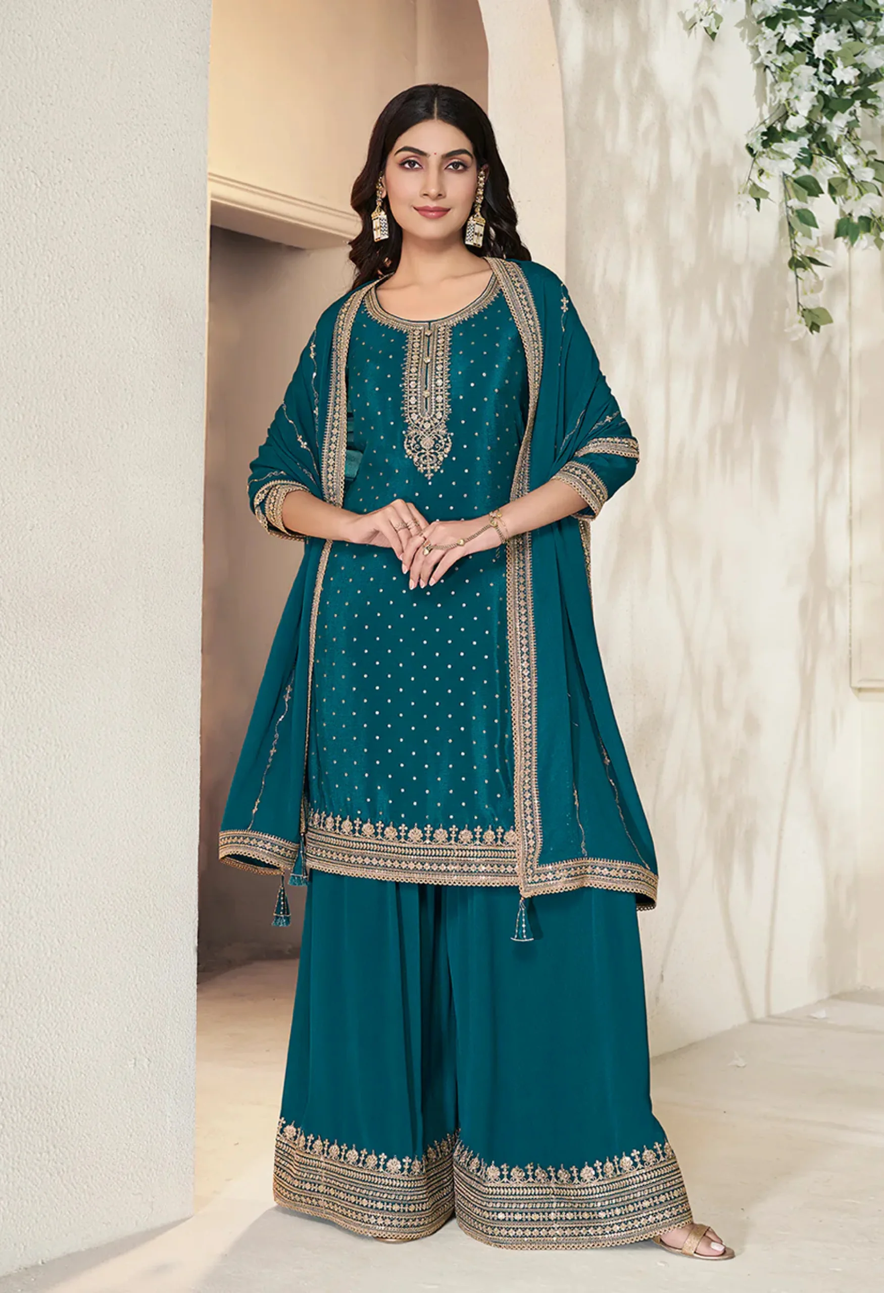 Memsaab Dark Blue Sharara Suit NZ – Sequins Embroidered Set