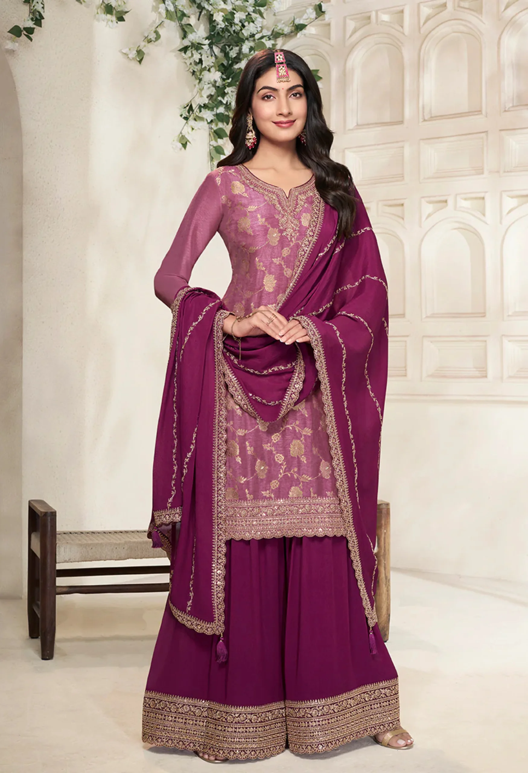 Memsaab Wine Glam Dola Silk Sharara Set