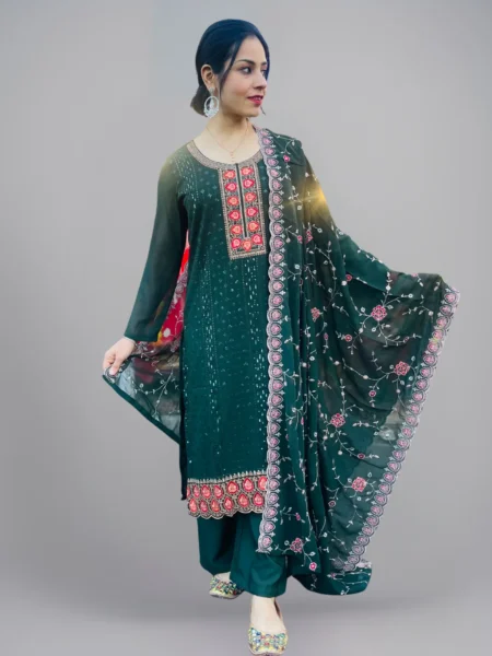 Memsaab Elegant Bottle Green Georgette Palazzo Suit