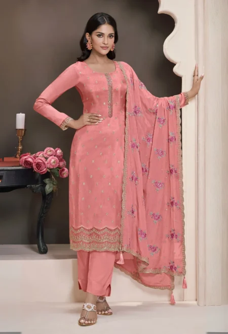 peach embroidered silk palazzo suit