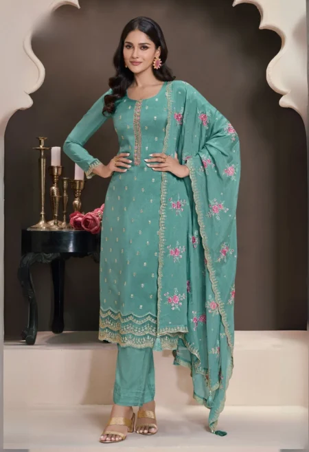 sea green embroidered silk palazzo suit