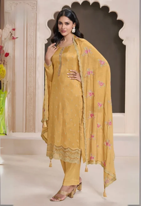 yellow embroidered silk palazzo suit