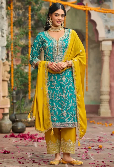 Blue Silk Embroidered Kurta Set