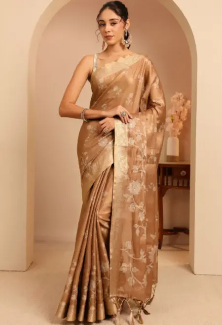 Brown Silk Blend Zari Border Saree