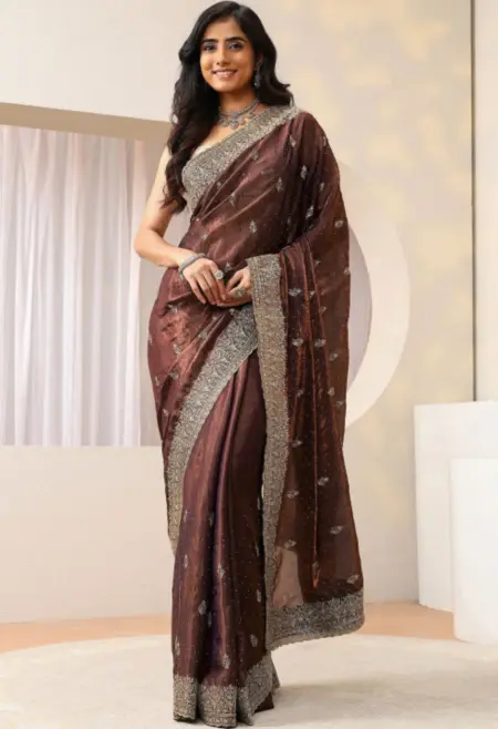 Brown Tissue Paisley Embroidered Saree