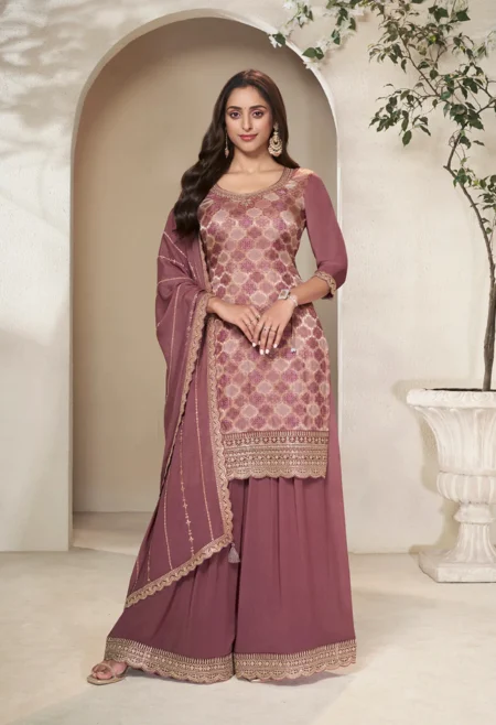 Burgundy dola silk sharara suit set with scalloped chinon dupatta and sequin hand embroidery from Memsaab