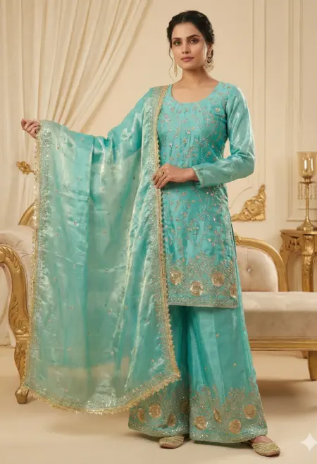 Memsaab Aqua Blue Embroidered Shimmer Silk Sharara Set