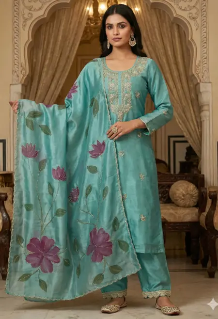 Memsaab Aqua Green Floral Embroidered Crape Kurta Set