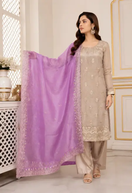 Memsaab Beige Embroidered Crepe Suit Set