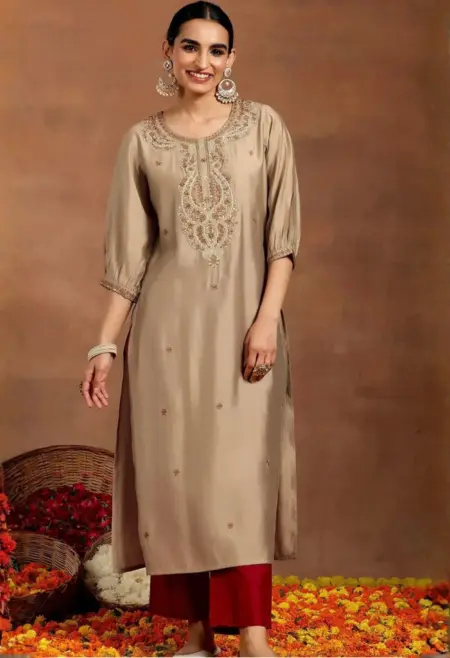 Memsaab Beige Floral Sequinned Kurta