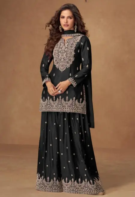 Memsaab Black Embroidered Chinon Silk Sharara Set