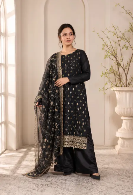 Memsaab Black Embroidered Crepe Suit Set