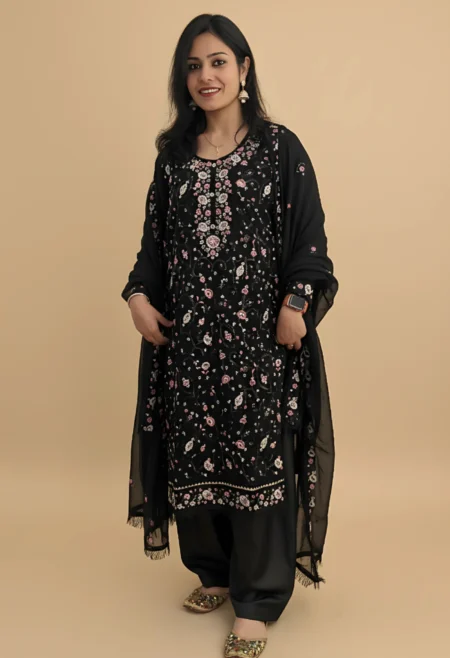 Memsaab Black Flower Embroidered Kurta Palazzo Set