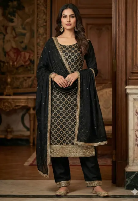 Memsaab Black Gold Embroidered Crepe Suit Set