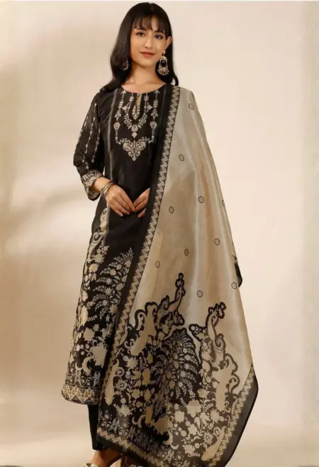 Memsaab black woven design kurta set with trousers and dupatta festive wear New Zealand