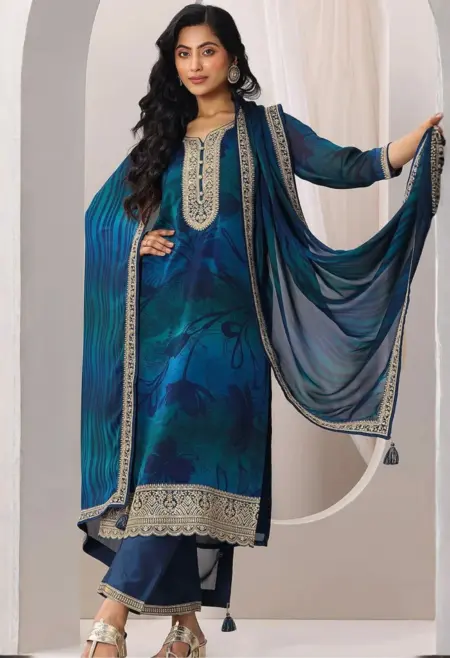 Memsaab Blue Silver Floral Print Kurta Set