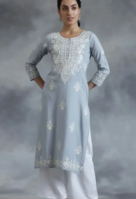 Memsaab blue and white thread work embroidered straight kurta in viscose rayon everyday wear New Zealand