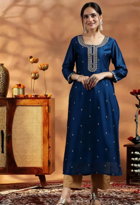Memsaab Blue Zari Embroidered Pure Silk Kurta