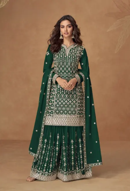 Memsaab Bottle Green Chinon Sequin Sharara Set