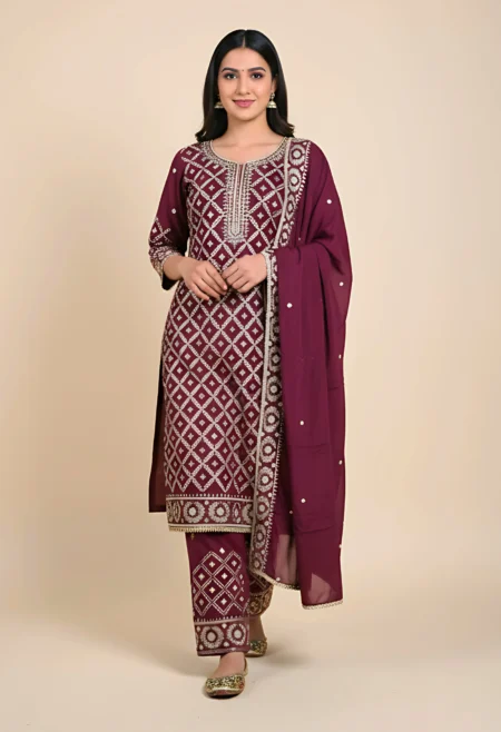 Memsaab Brown Embroidered Kurta Set
