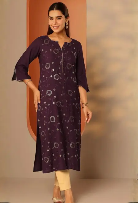 Memsaab Burgundy Geometric Embellished Kurta