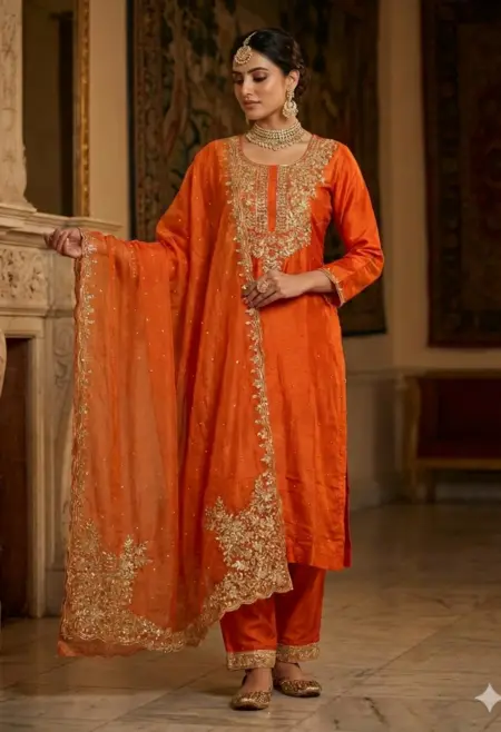 Memsaab Burnt Orange Zari Embroidered Crape Kurta Set