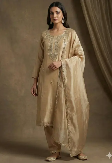 Memsaab Champagne Gold Zari Embroidered Crape Kurta Set