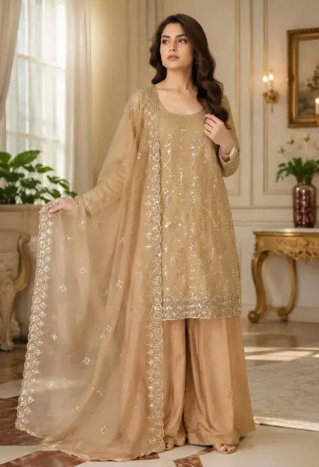 Memsaab Champagne Handworked Crepe Sharara Set