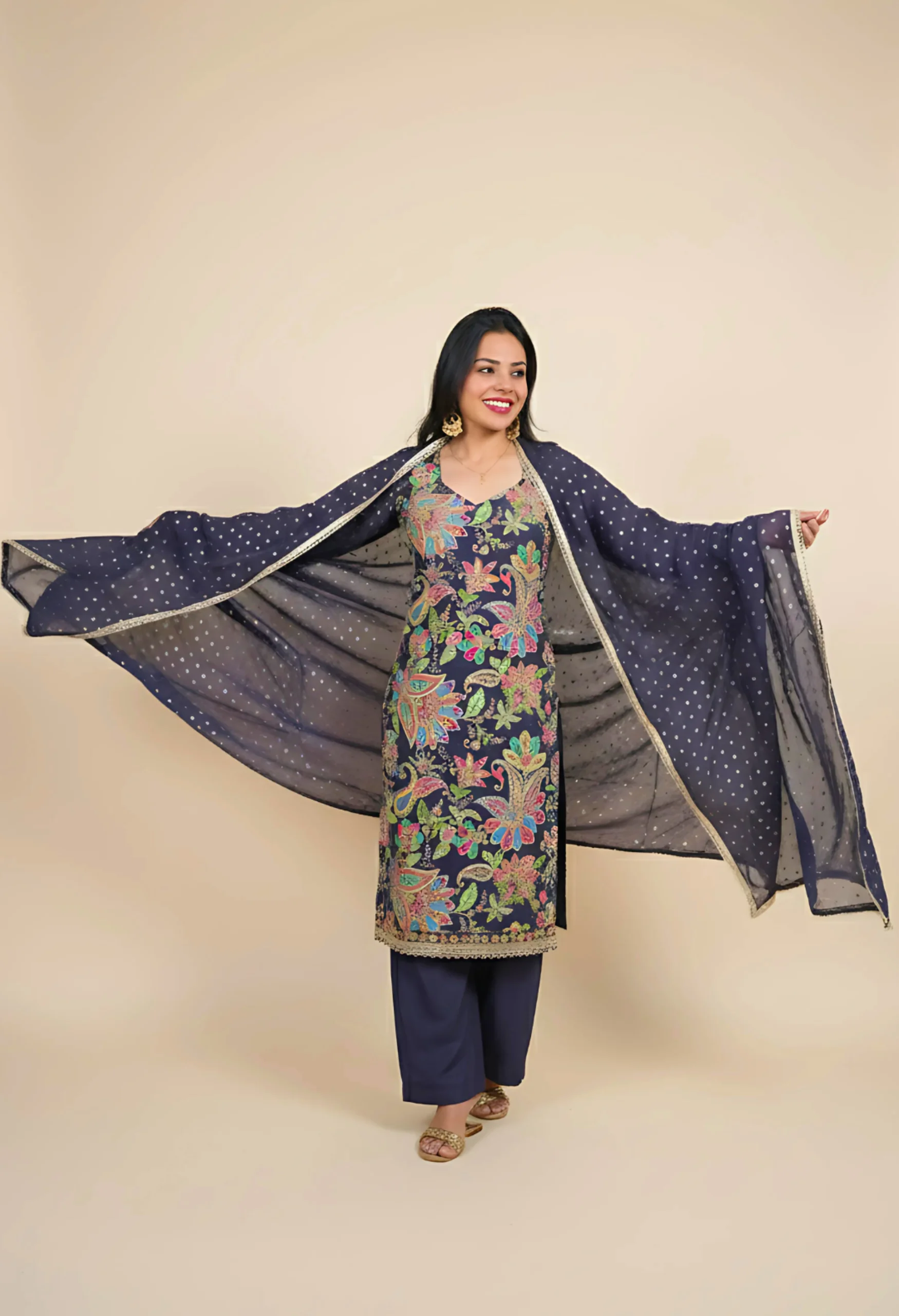Memsaab Charcoal Multicolour Embroidered Kurta Set - Memsaab