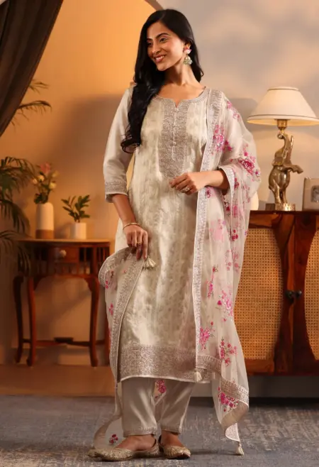 Memsaab Classic Off White Woven Silk Blend Suit Set