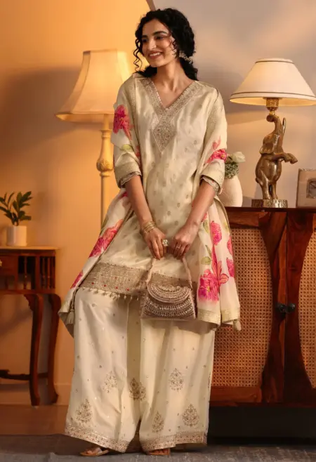 Memsaab Cream Woven Embroidered Sharara Set