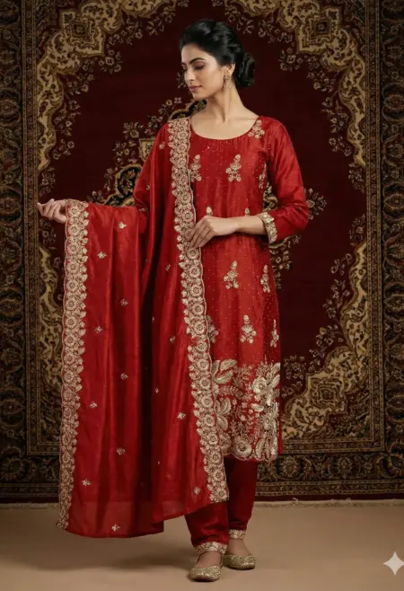 Memsaab Crimson Hand Embroidered Crepe Suit Set