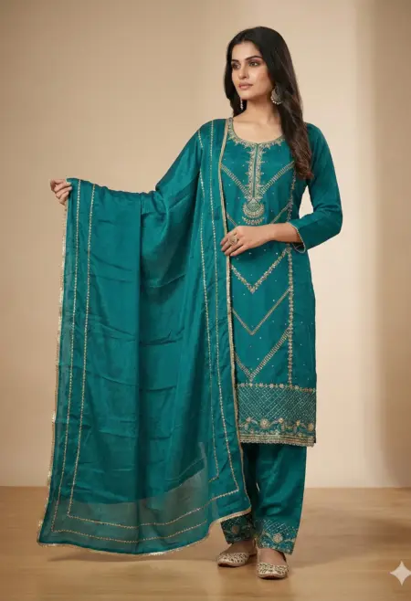Memsaab Deep Teal Zari Embroidered Crape Kurta Set