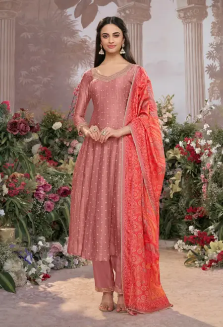 Memsaab Dusty Rose Tissue Silk Anarkali Suit Set