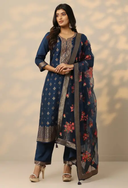 Memsaab Elegant Blue Woven Silk Blend Suit Set