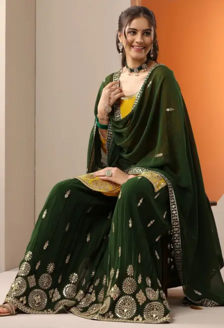 Memsaab Elegant Mustard Embroidered Georgette Sharara Set