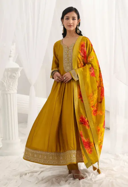 Memsaab Elegant Mustard Zari Embroidered Silk Blend Suit Set