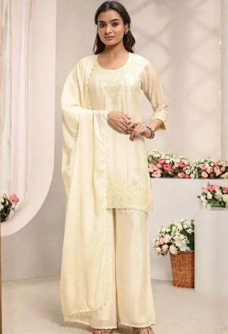 Memsaab Elegant Off White Embroidered Palazzo Set