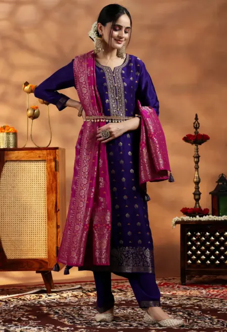 Memsaab Elegant Purple Woven Silk Blend Suit Set