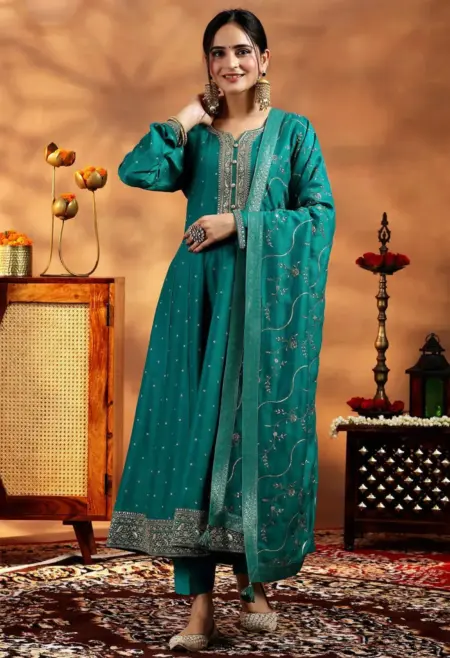 Memsaab Elegant Rama Green Embroidered Silk Blend Anarkali Suit Set