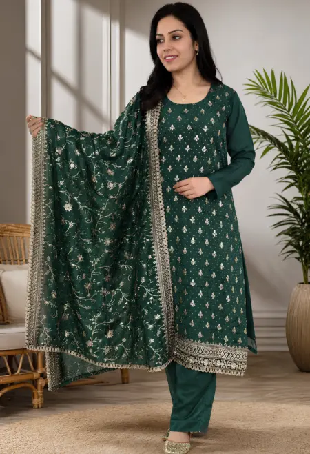 Memsaab Emerald Green Embroidered Crepe Suit Set