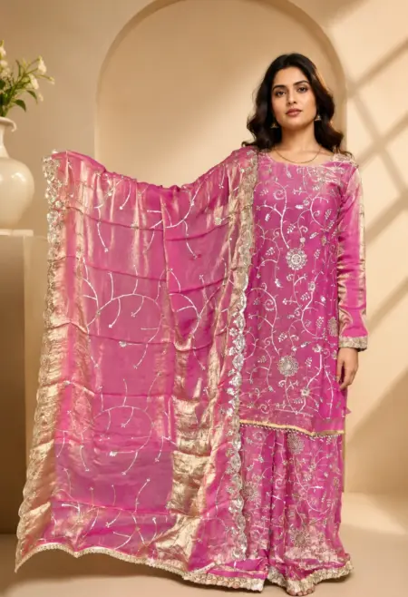 Memsaab Fuchsia Pink Handworked Crepe Sharara Set